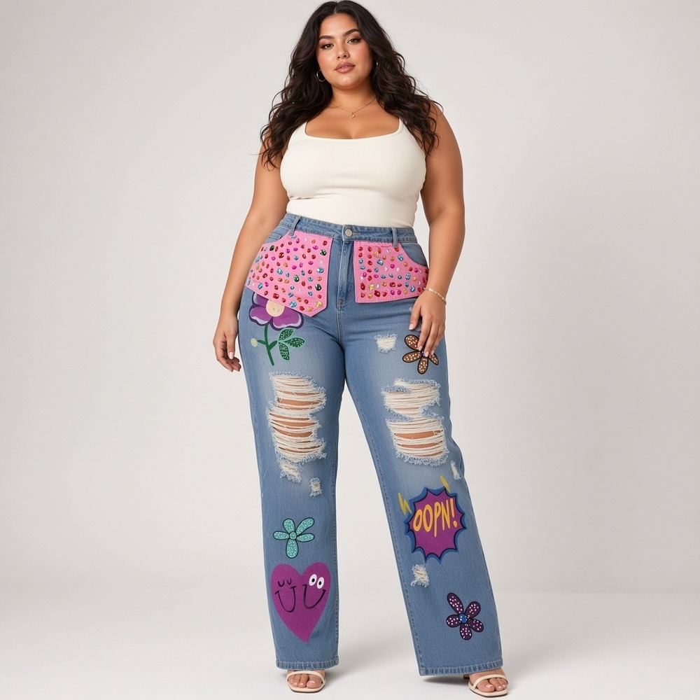 Womens Plus Size 2XL Rhinestone Patchwork Distressed Jeans Y2K Kidcore Floral